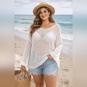 2 For $20 Crochet Open-Knit Crew Neck Women's Sweater Oversized PTP 26 Boho,Med